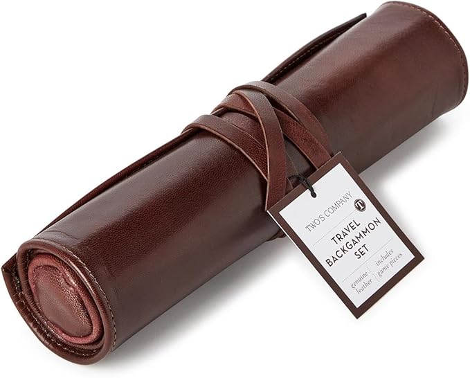 Two's Company Roll-Up Portable Genuine Leather Backgammon Game Set 12-Inch Chestnut