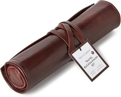 Two's Company Roll-Up Portable Genuine Leather Backgammon Game Set 12-Inch Chestnut