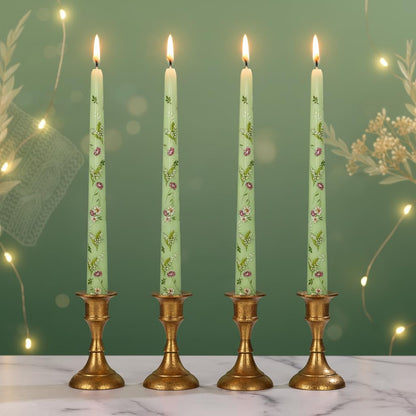 Scandinavian Tall Candle 10 in Green Printed Taper Candles Hand Printing Candlesticks Unscented Smokeless Tapered Candle Sticks for Home Decor Rustic Wedding Simple Modern, 4 Pack