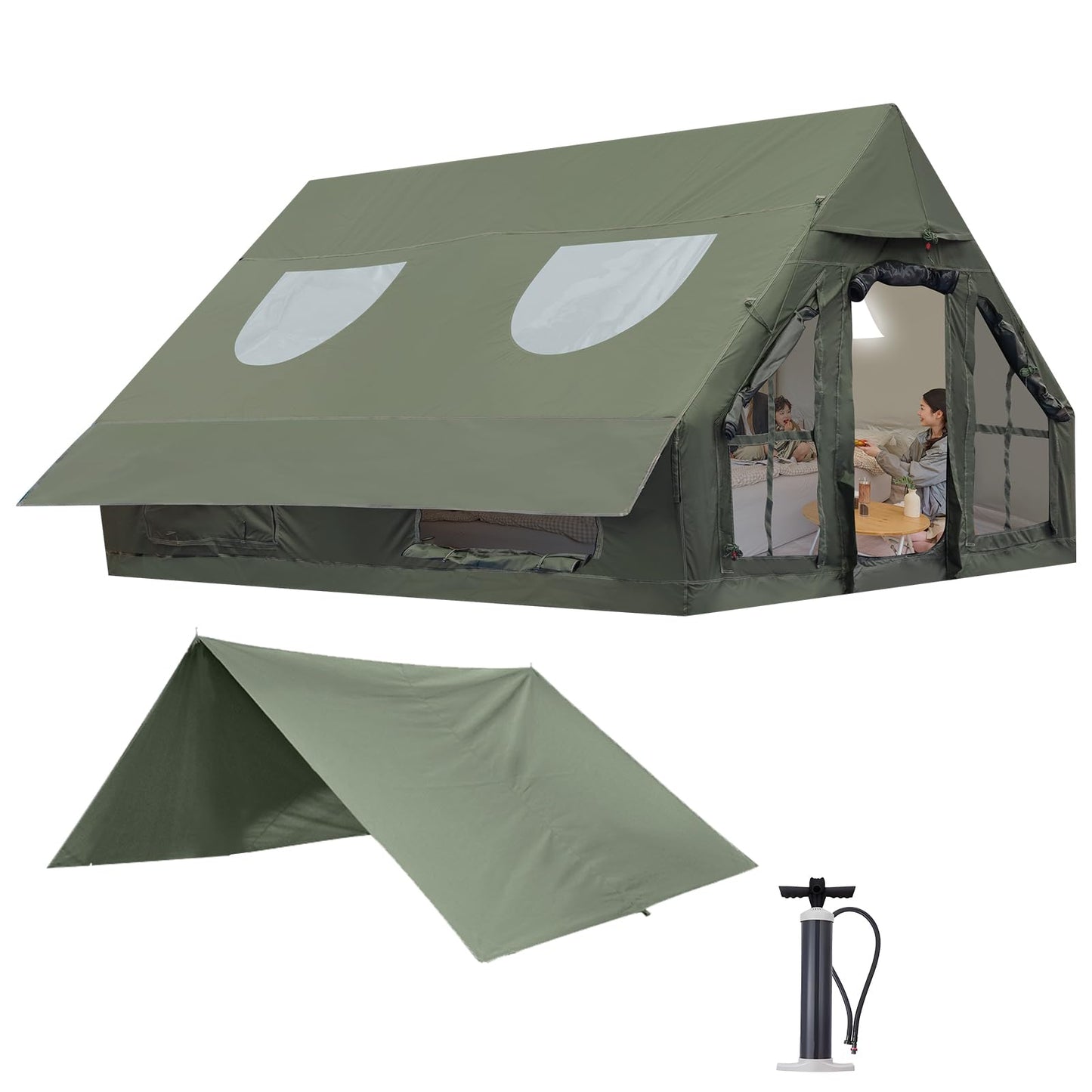 KIKILIVE Inflatable Camping Tent with Pump, 4 Season Inflatable Tents for Camping, Inflatable House Tent Waterproof Easy Setup Glamping Tent