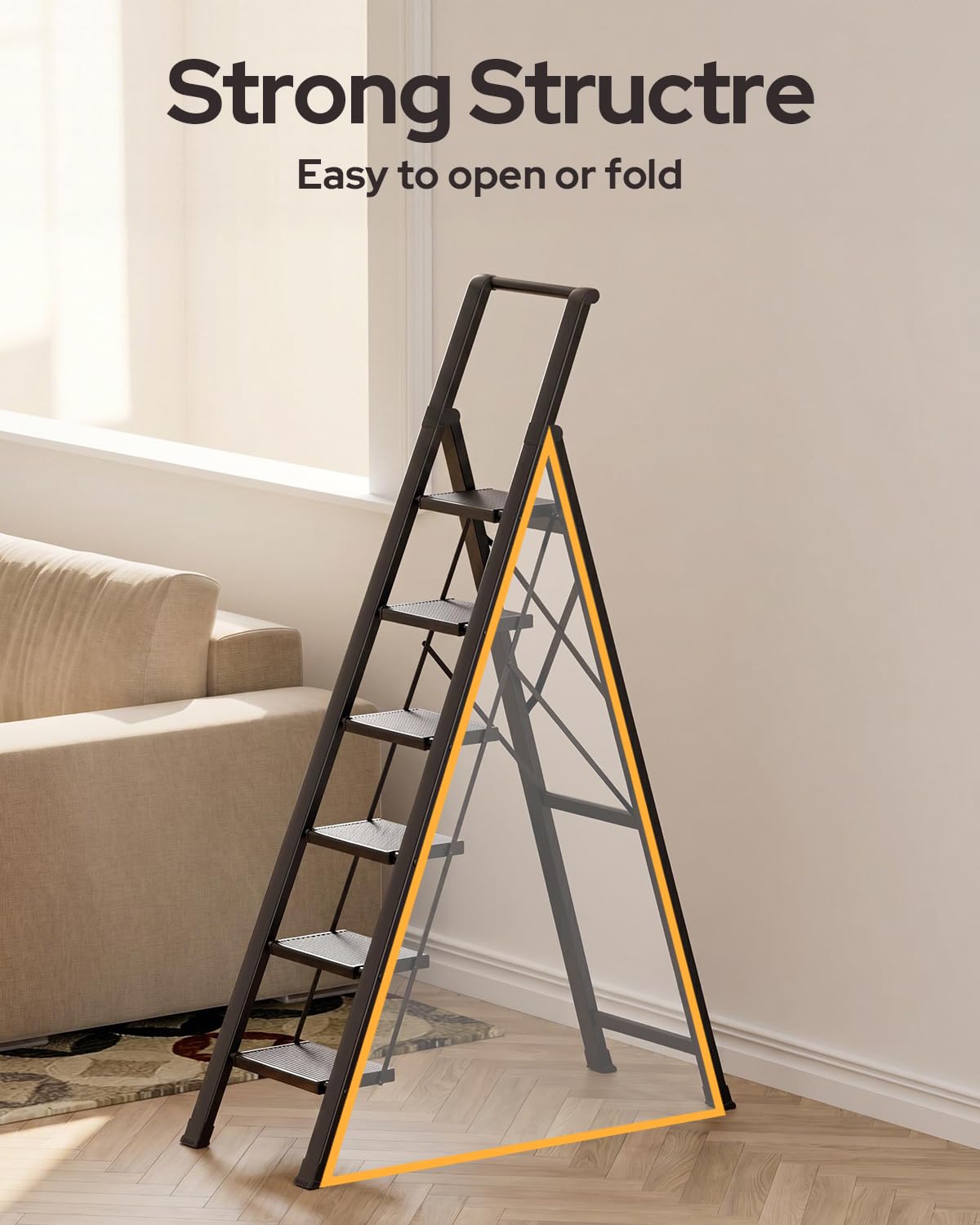 GameGem 6 Step Ladder for 12 Feet High Ceiling, Lightweight Aluminum Folding Step Stool with Convenient Handgrip, Stepladders with Anti-Slip and Wide Pedal for Home Use Space Saving - Black