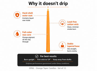 Dinil Orange Taper Candles - 10 Inch Unscented Dripless Smokeless Candlesticks Set of 12 | Perfect for Fall, Halloween, Thanksgiving, Dinner, Wedding and Party Decoration