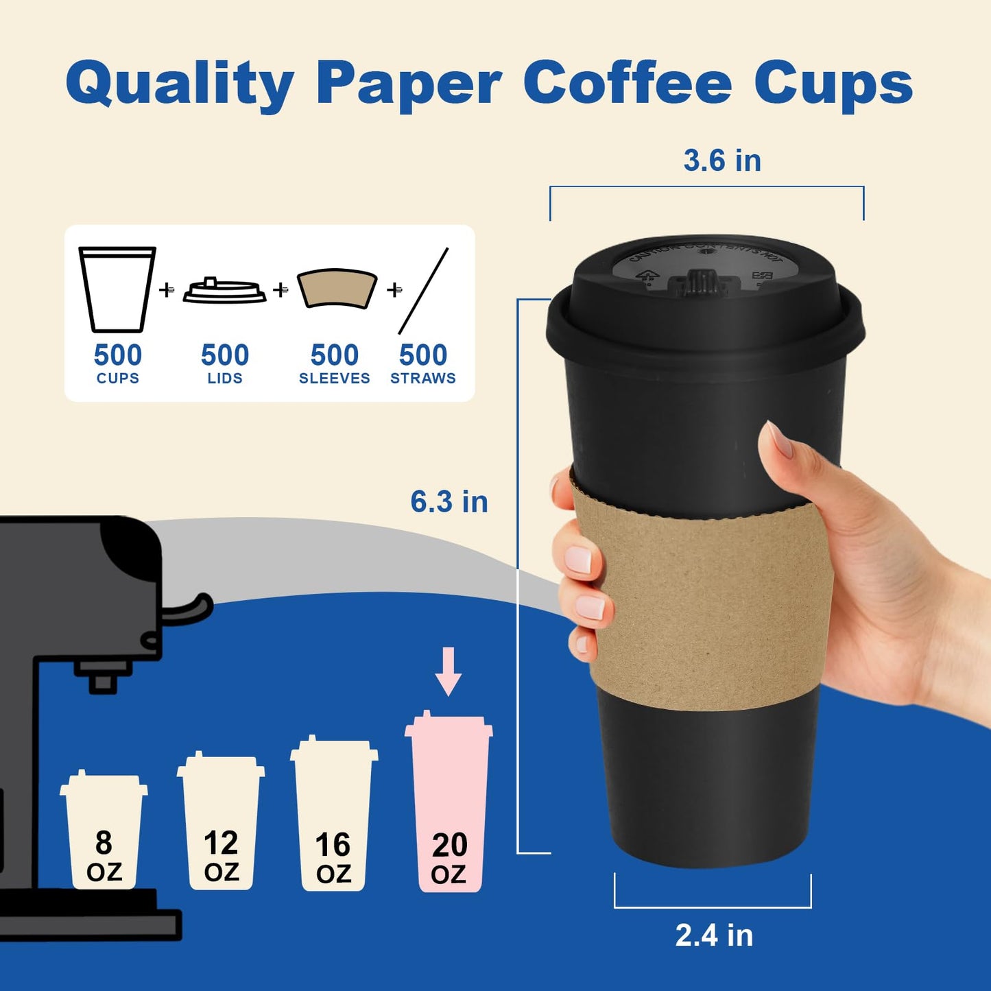 Coolcap 20 oz 500 Pack Coffee Cups with Lids and Sleeves, Straws, Hot Disposable To Go Travel Paper Cups Bulk for Office, Home Coffee Bar Accessories, Chocolate, Cocoa, Beverage (Black)