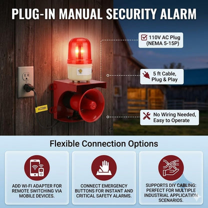 BOVZOR Industrial Siren Alarm Strobe Light Compatible with Factory and Gantry Crane Systems, AC 110V 120dB Loud Industrial Siren with Red Strobe Warning Light, IP55 Weather-Resistant Emergency Beacon
