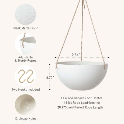 LA Jolie Muse Hanging Planter - 9.84 Inch Hanging Planters for Indoor Plants, Hanging Pots for Plants Indoor Outdoor, Set of 2, White