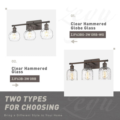zeyu 3-Light Vanity Lighting - Oil Rubbed Bronze Finish, Clear Hammered Globe Glass, Model ZJF63BG-3W ORB-WG