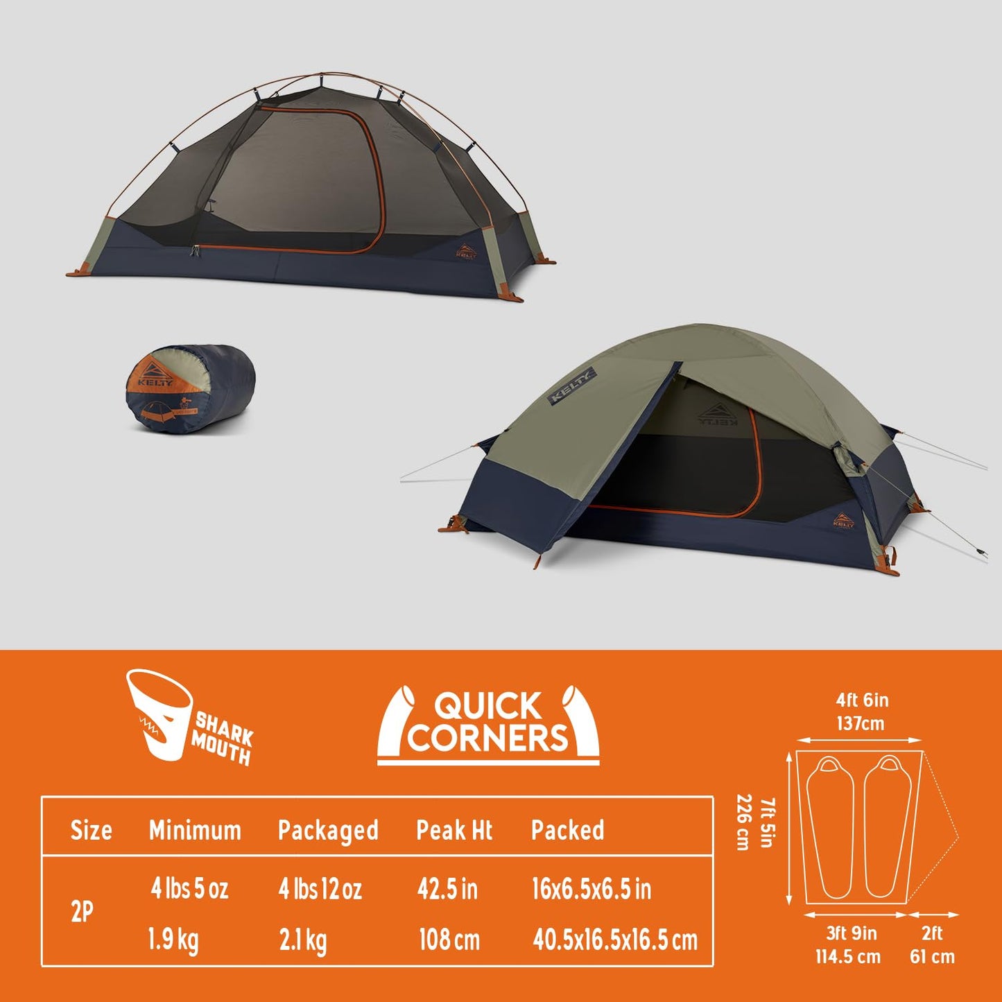 Kelty Late Start 2P Backpacking Tent – Lightweight Two Man Camping Tent Shelter with Quickcorners, Aluminum Poles, Waterproof Poly Fly, Updated for 2024 (2 Person)