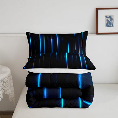 Feelyou Kids Blue Black Striped Comforter Set Twin Size Geometric Abstract Ombre Bedding Set for Boys Girls Teens Bedroom Modern Decor Comforter Women Men Quilt Set