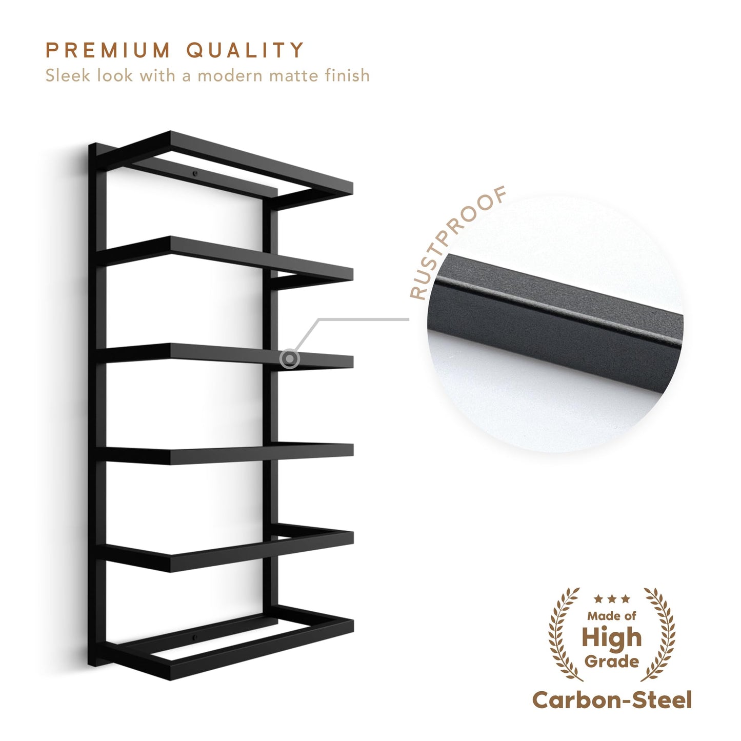 Wita Home Modern 5-Tier/6-Tier Towel Rack - Wall-Mounted Black Metal Towel Shelf for Bathroom, Space-Saving Storage for Towels, Organizers, and Home Decor (6-Tier)