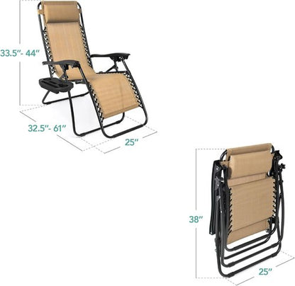 Best Choice Products Adjustable Steel Mesh Zero Gravity Lounge Chair Set - 2 Recliners with Pillows & Cup Holders | Beige