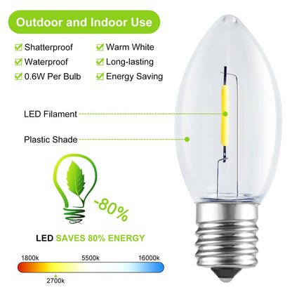 Minetom C9 LED Christmas Light Bulbs, 50 Pack, Shatterproof, Warm White, E17 Base