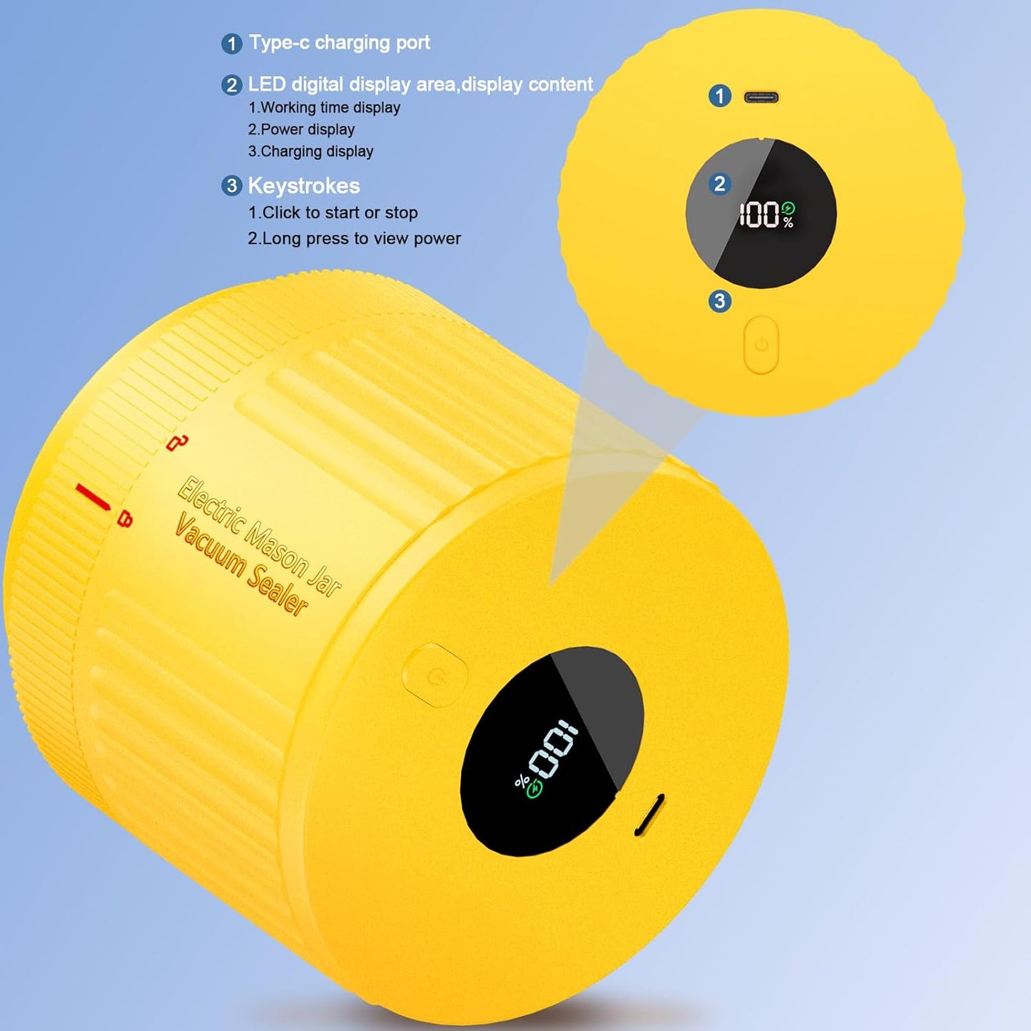 LOVE MOMENT Electric Mason Jar Vacuum Sealer Kit - Ideal for Wide & Regular Mouth Jars - Yellow