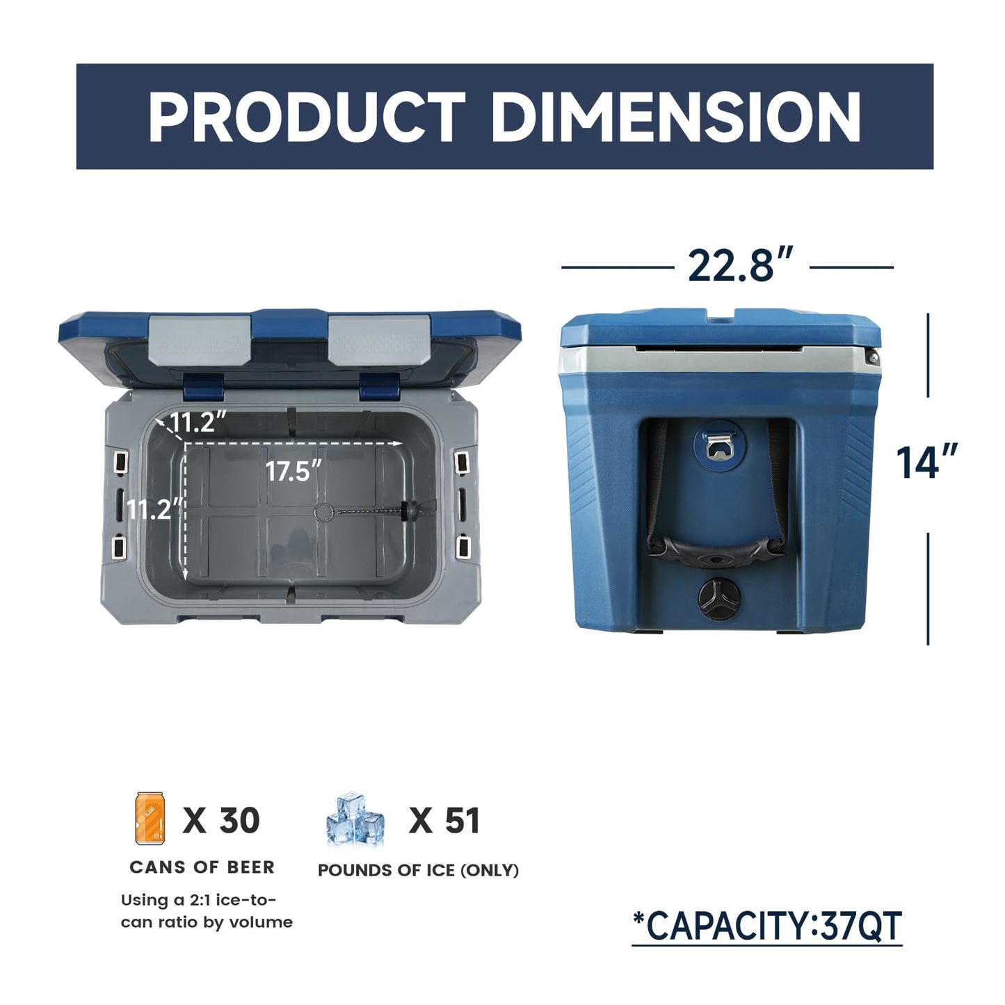 EchoSmile 35 Quart Insulated Cooler, Outdoor Portable Hard Cooler Ice Chest Box w/ 2 Cup Holders, Drain Plug, Bottle Opener, 3-Day Ice Retention for Camping, Beach, and Picnic,Navy