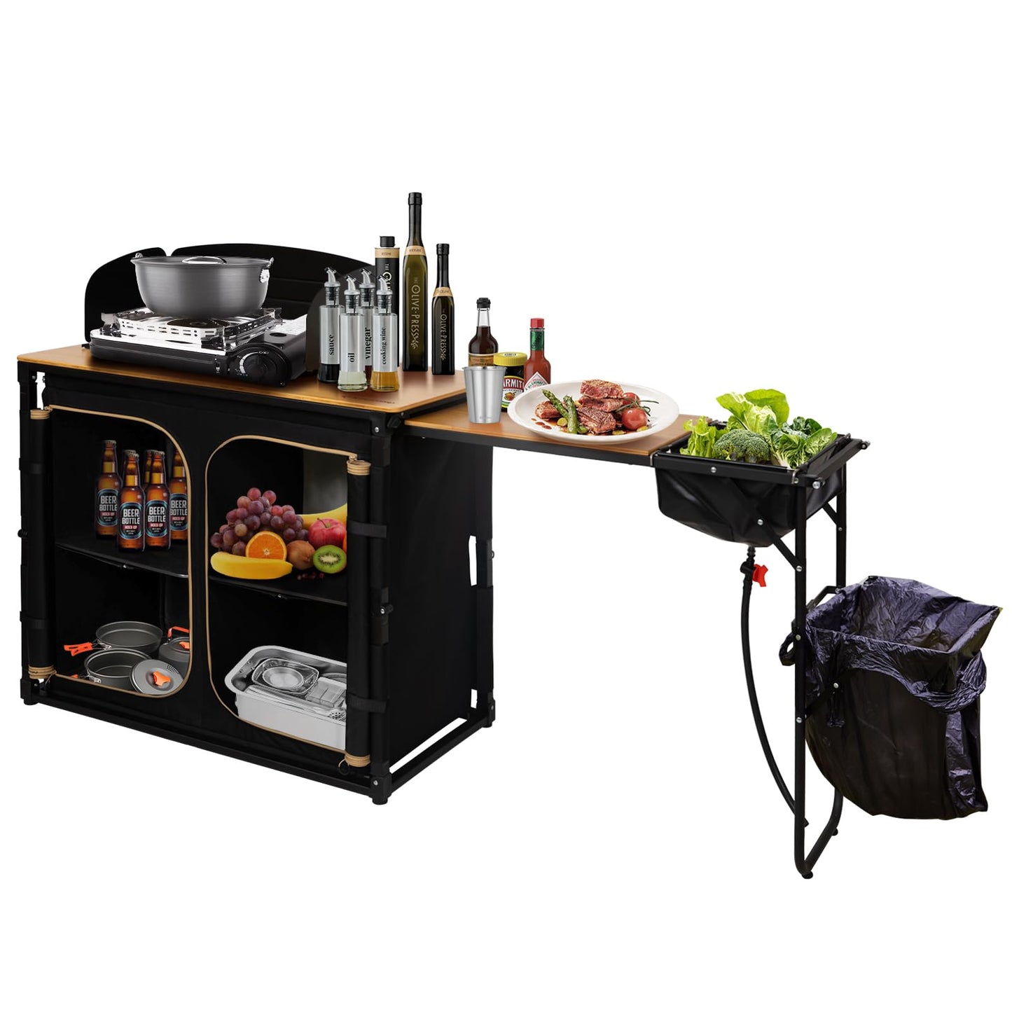 KingCamp Bamboo Camp Kitchen Table, Slide-Out Overland Table with 400L Storage, Portable Outdoor Prep Station with Sink, Windscreen & Lantern Pole for RV, Tailgating, BBQ