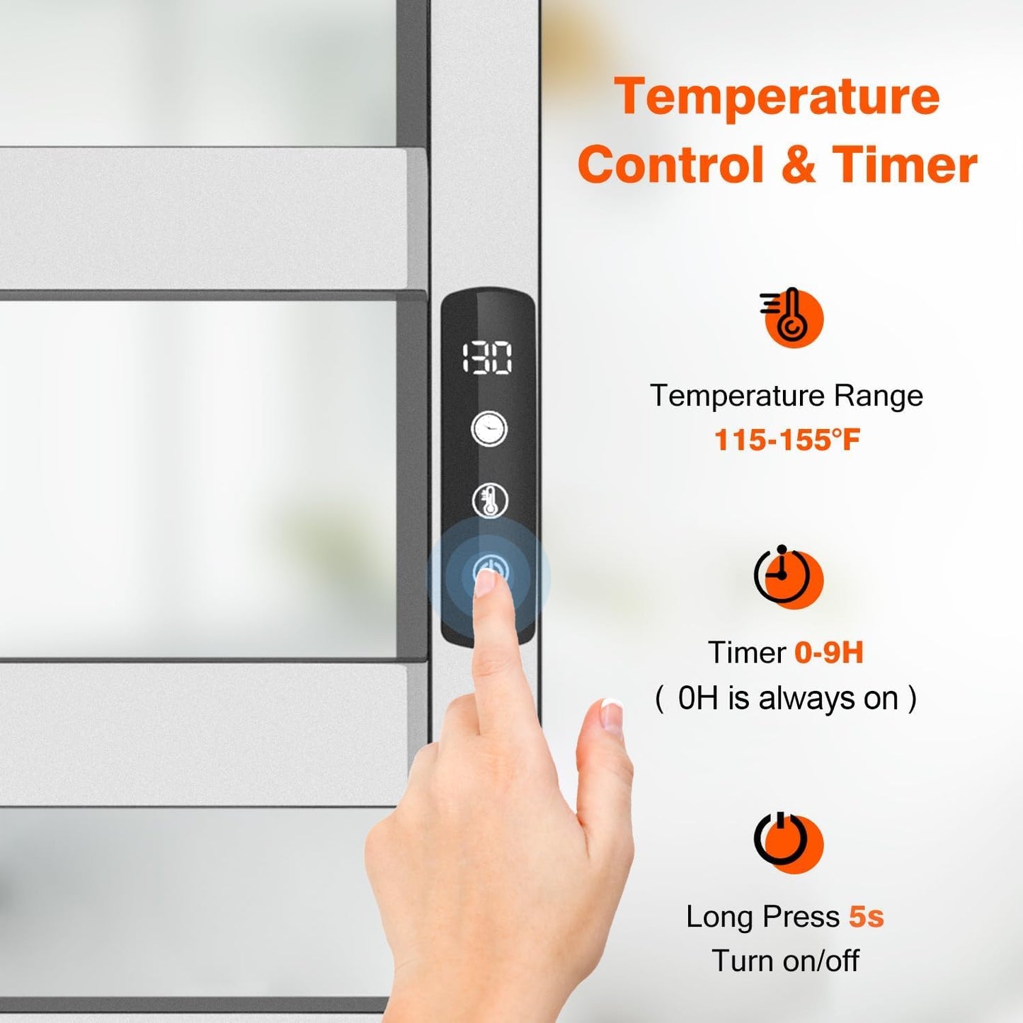Towel Warmer, Towel Heater Rack for Bathroom, 8-bar Electric Towel Dryer Wall-Mounted Plug-in Bath Heater, 201 Stainless Steel Hot Towel Rack with Timer and Smart Temperature Control