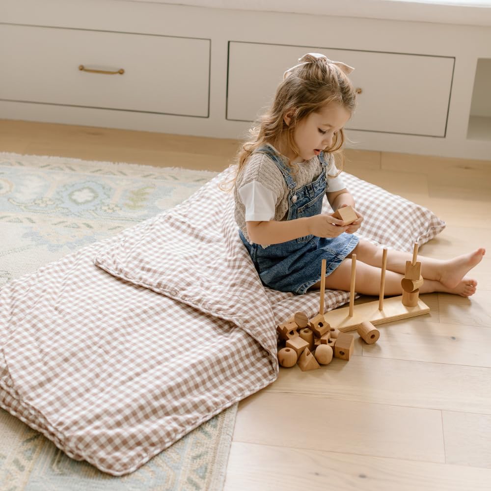 Bloomere Organic Toddler Nap Mat – 100% Cotton Fabric Kids Washable Sleeping Mat & Detachable Pillow – Sleeping Bag with Soft 1.5” Pad – Nap Mat for Daycare, Preschool, & Sleepovers (Brown Gingham)