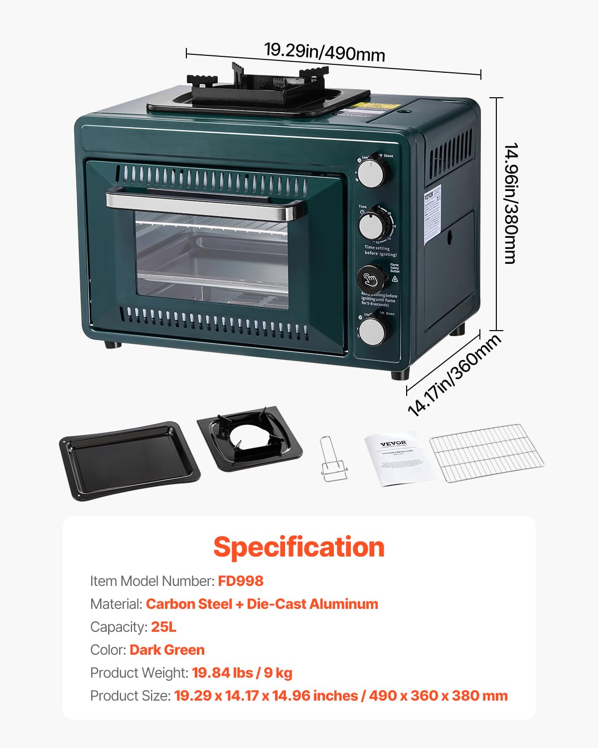 VEVOR Outdoor Camping Oven, 2-in-1 Portable Gas Camping Stove Oven Combo, Adjustable Fire, 60-Minute Timer, Windproof, for Camping Backyard Picnic Outdoor Cooking, Universal Butane Canister Compatible