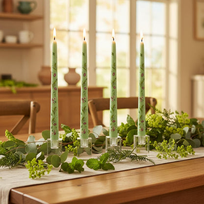 Scandinavian Tall Candle 10 in Green Printed Taper Candles Hand Printing Candlesticks Unscented Smokeless Tapered Candle Sticks for Home Decor Rustic Wedding Simple Modern, 4 Pack