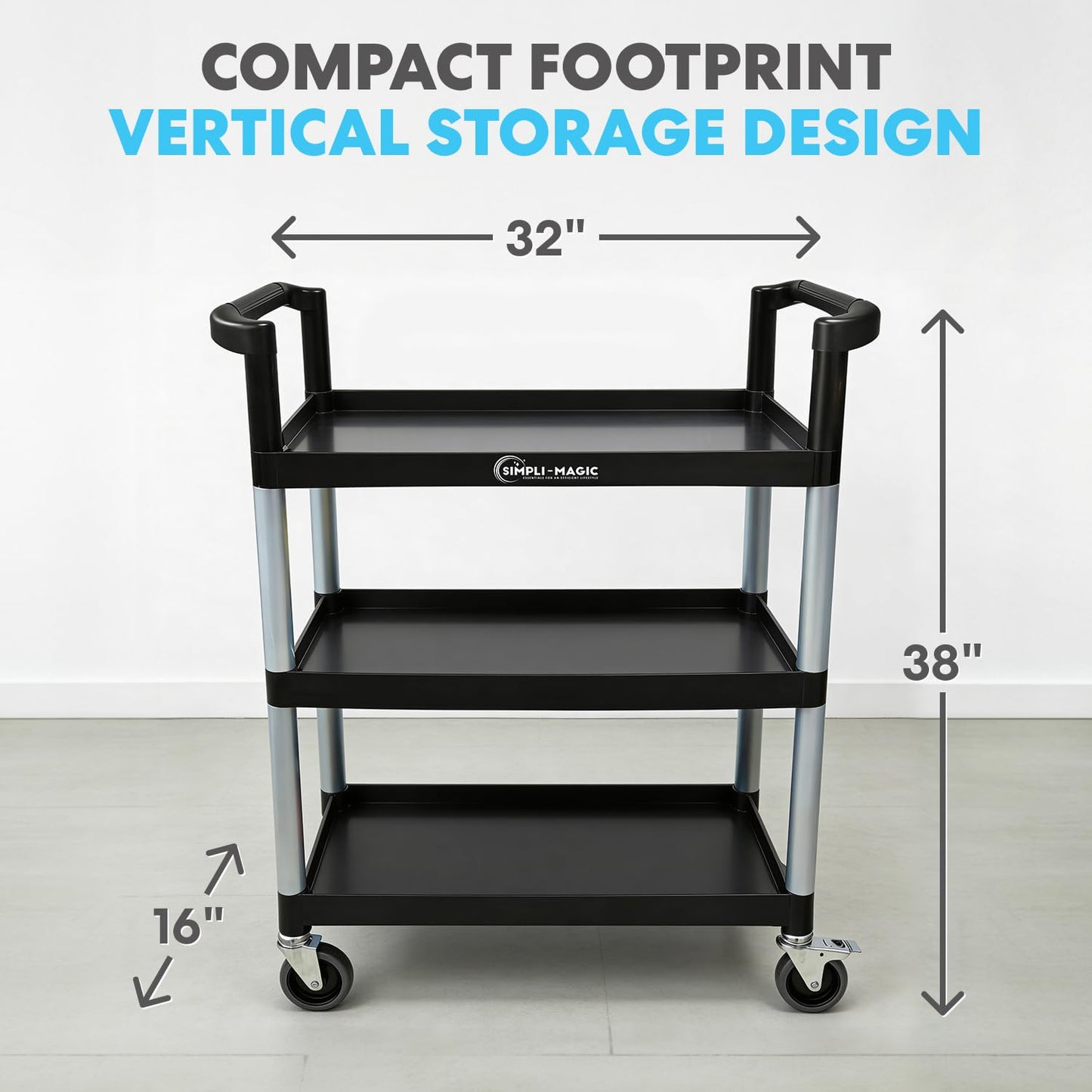 Simpli-Magic Rolling Utility Cart on Wheels, Heavy Duty Multi-Purpose Service Cart, Silver & Black, Garage, Warehouse & Commercial Use
