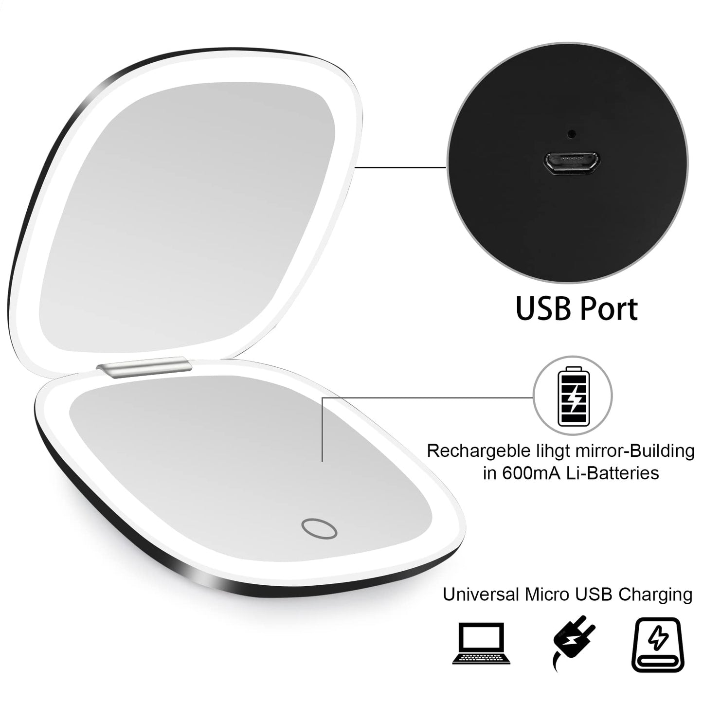 deweisn Compact Mirror, Lighted Travel Makeup Mirror with 1X/10X Magnifying Double Sided Dimmable Portable Pocket Mirror for Handbag, USB Charging(Black)