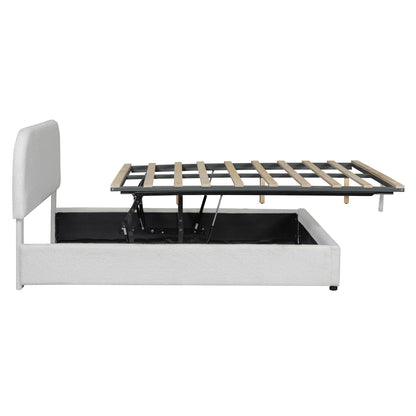 Merax Teddy Fleece Full Size Upholstered Platform Bed with Hydraulic Storage System,Curved Headboard,Hidden Lift-Up Storage Compartment,No Box Spring Needed for Bedroom,Guest Room,White