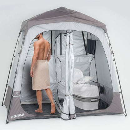 Porayhut Portable Camping Shower Tent Deluxe Changing Room Easy Set Up Privacy Shelter,Large Toilet Tent with Floor Drain Design for Beach, Camping,Hiking with 2 Rooms,Stakes and Ropes for Stability