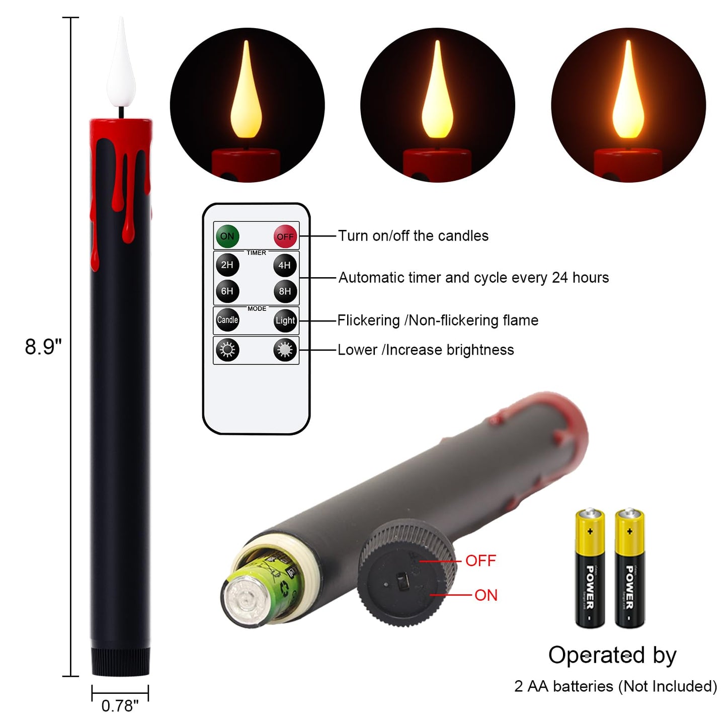 Lasumora Halloween Black Flameless Taper Candles Flickering with Remote Timer, Battery Operated Led Taper Candle, 4 Pcs Drip Wax Candlesticks for Halloween Decor Horror Party Table Window Decoration