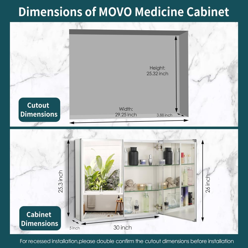 Movo Double Doors Medicine Cabinet with Mirror, 30 inch X 26 inch Aluminum Bathroom Medicine Cabinet, Adjustable Glass Shelves, Waterproof and Rust-Resist, Recess or Surface Mount