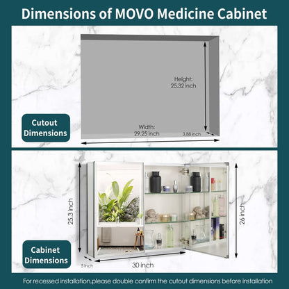 Movo Double Doors Medicine Cabinet with Mirror, 30 inch X 26 inch Aluminum Bathroom Medicine Cabinet, Adjustable Glass Shelves, Waterproof and Rust-Resist, Recess or Surface Mount
