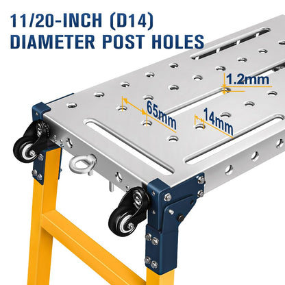 FUNTECK Versatile Portable Steel Work Platform and Welding Table with Casters | 55 x 14-inch Galvanized Tabletop | 1100 lbs. Load Capacity | Adjustable Height