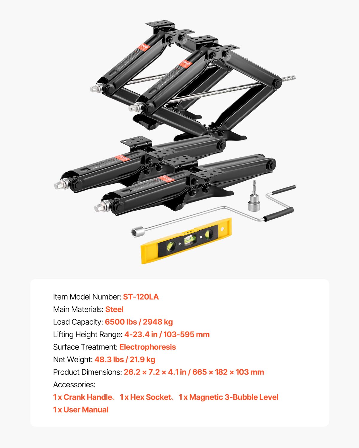 VEVOR 6500 lbs RV Scissor Jacks, 4-23.4 in RV Stabilizer Leveling Scissor Jacks, Set of 4, Heavy Duty Stabilizer Jack with Crank Handle, Socket and Bubble Levels, Not Easily Bent or Deformed