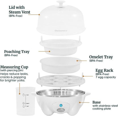 Elite Gourmet Rapid Egg Cooker - Perfectly Cook 7 Hard, Medium, Soft Boiled Eggs | Auto Shut-Off & Recipe Booklet, White