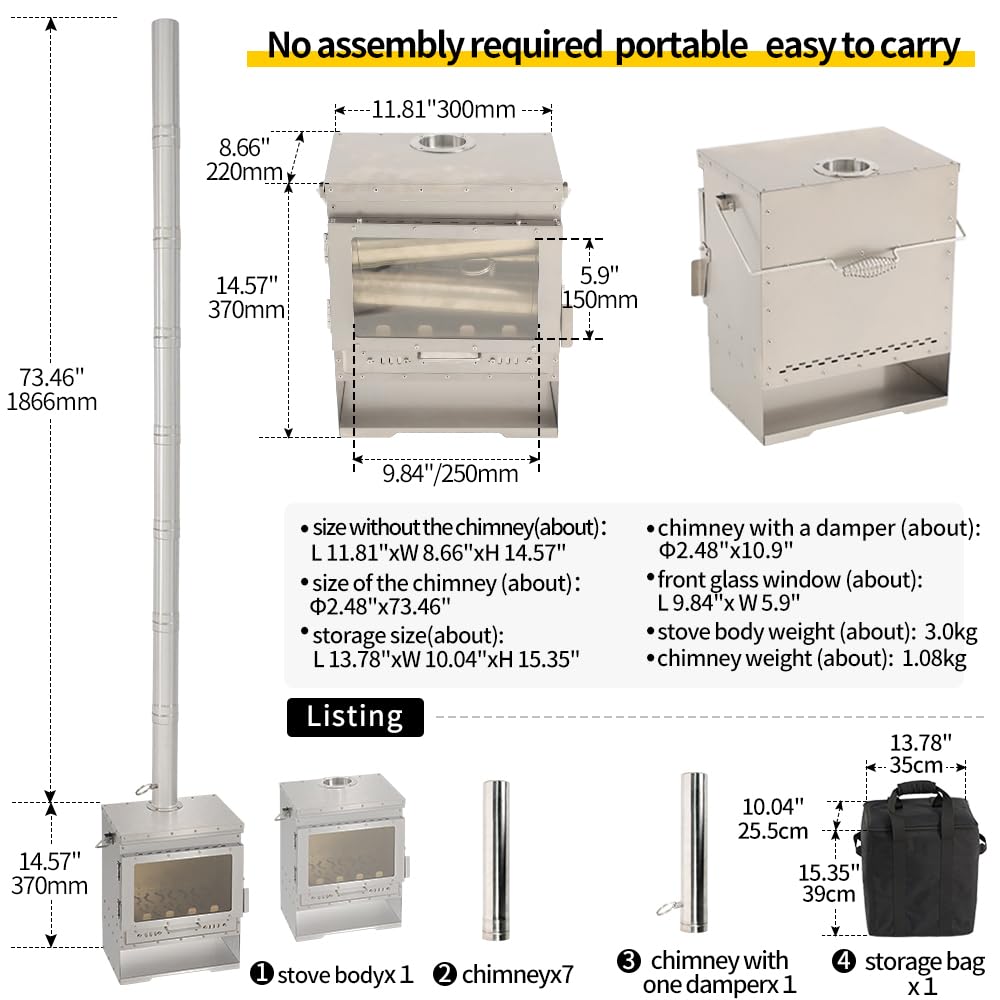 Soomloom Titanium Secondary Burning Fireplace VistaV Smokeless Wood Stove Glass Window Portable Firewood Heater Tent Cooking BBQ Campfire Outdoor Camping Warmer, 43x27x37