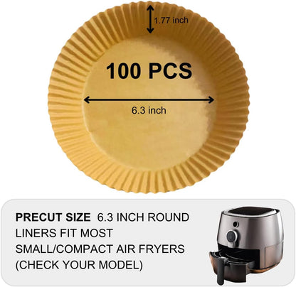 Air Fryer Paper Liners - 100PCS Natural Parchment Paper | Oil-Proof & Water-Proof, 6.3 Inch Round