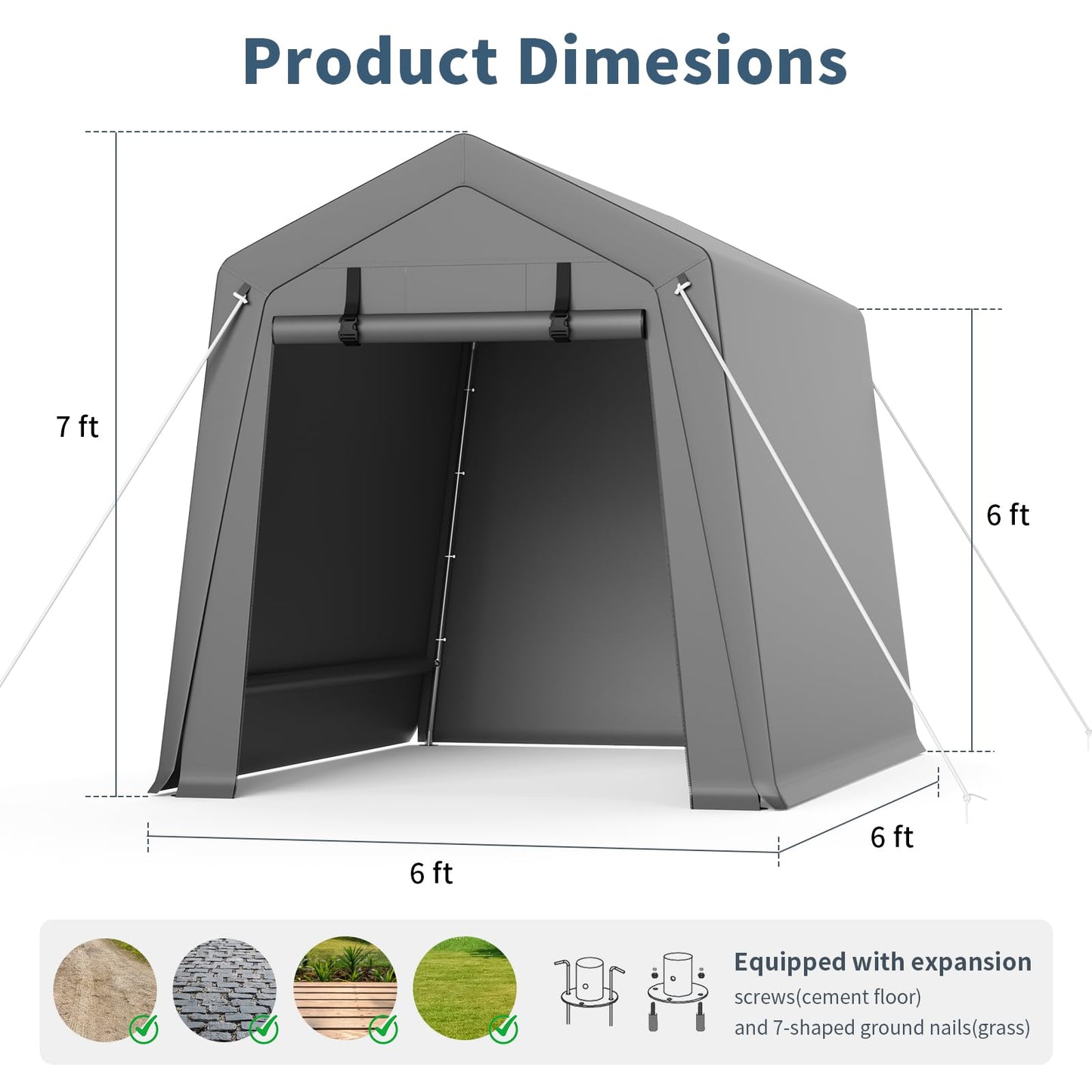 Portable Carport Storage Shed, 6' x 6' Motorcycle Tent, Waterproof & UV-Resistant with Roll-Up Zipper Doors, Gray Outdoor Shelter for Bikes, Tools & Equipment