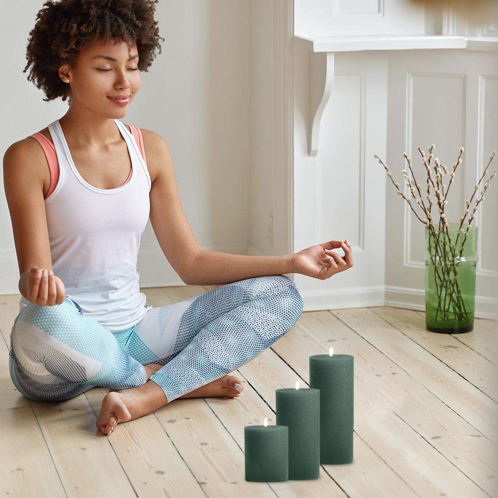 BASK Mottled Dark Green Pillar Candles - Unscented, Dripless, Smokeless Set of 3 for All Occasions