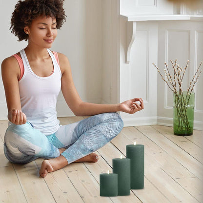 BASK Mottled Dark Green Pillar Candles - Unscented, Dripless, Smokeless Set of 3 for All Occasions