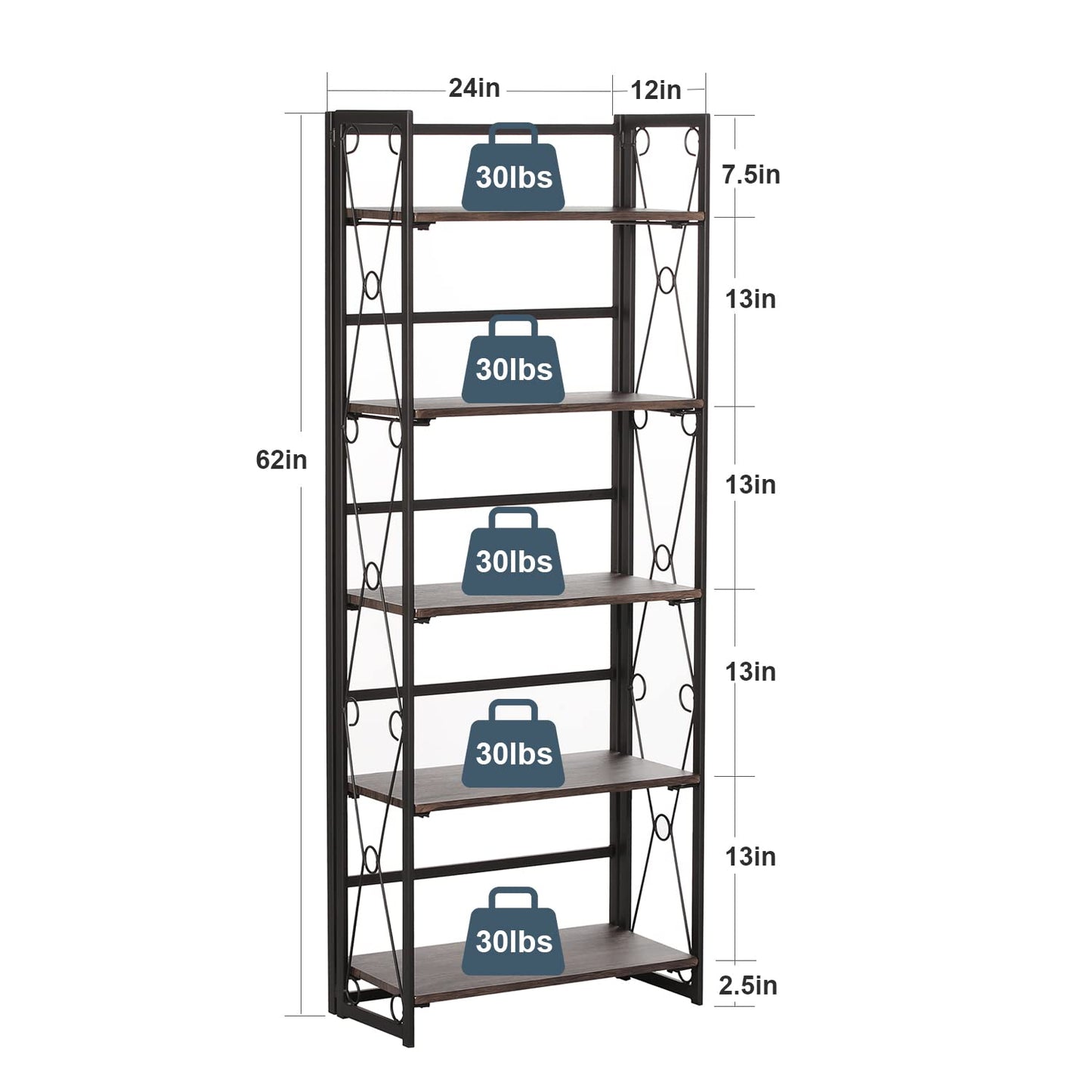 VECELO Folding Bookshelf,5 Shelf Bookcase No Assembly, Industrial Metal Frame Shelves Rack Organizer for Living Room, Office,Walnut 2 Set