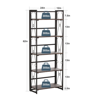 VECELO Folding Bookshelf,5 Shelf Bookcase No Assembly, Industrial Metal Frame Shelves Rack Organizer for Living Room, Office,Walnut 2 Set