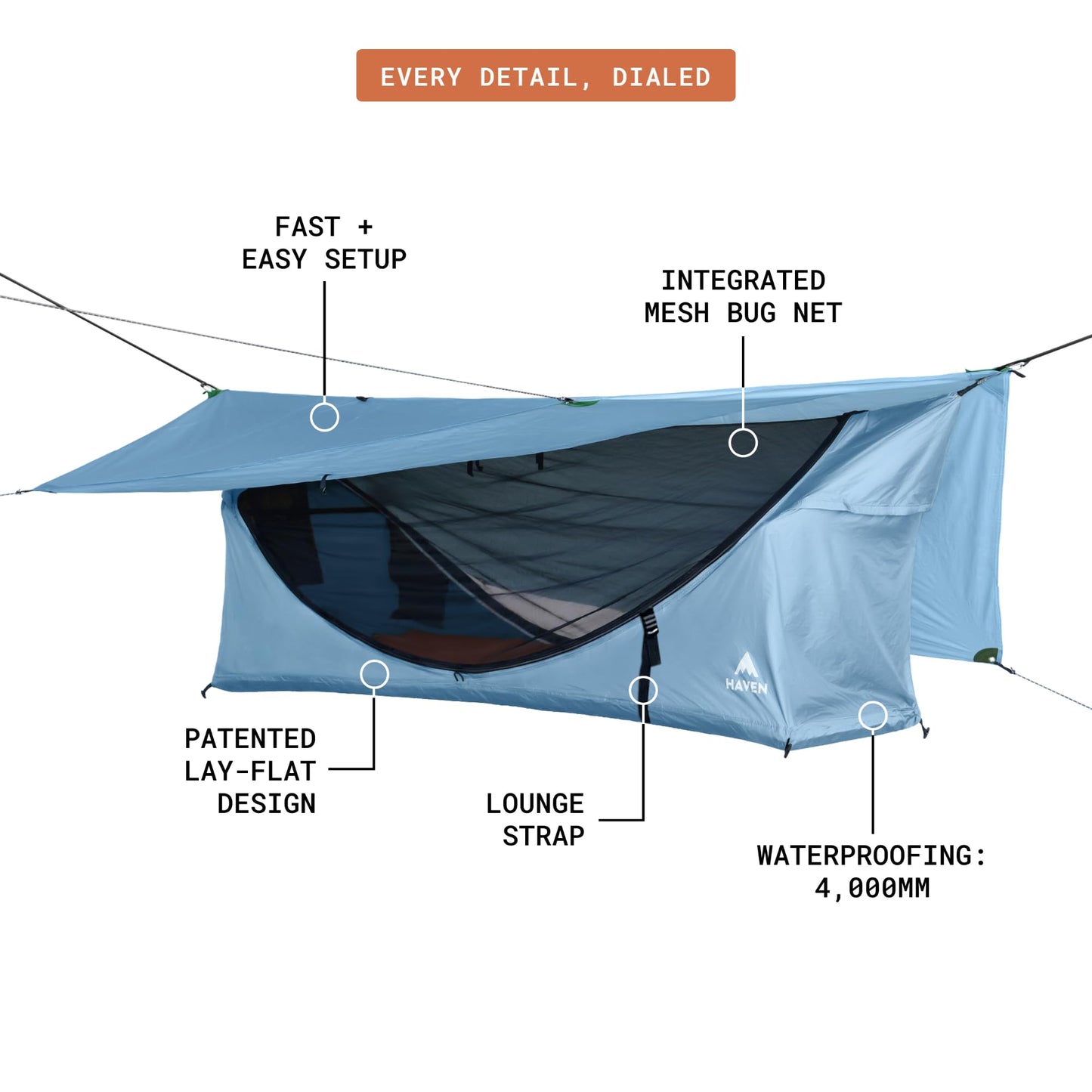 Haven Tent XL Lay-Flat Hammock Tent (Sky Blue) – Large Hammock Tent w/Mosquito Net – Includes Insulated XL Pad & Waterproof Rainfly