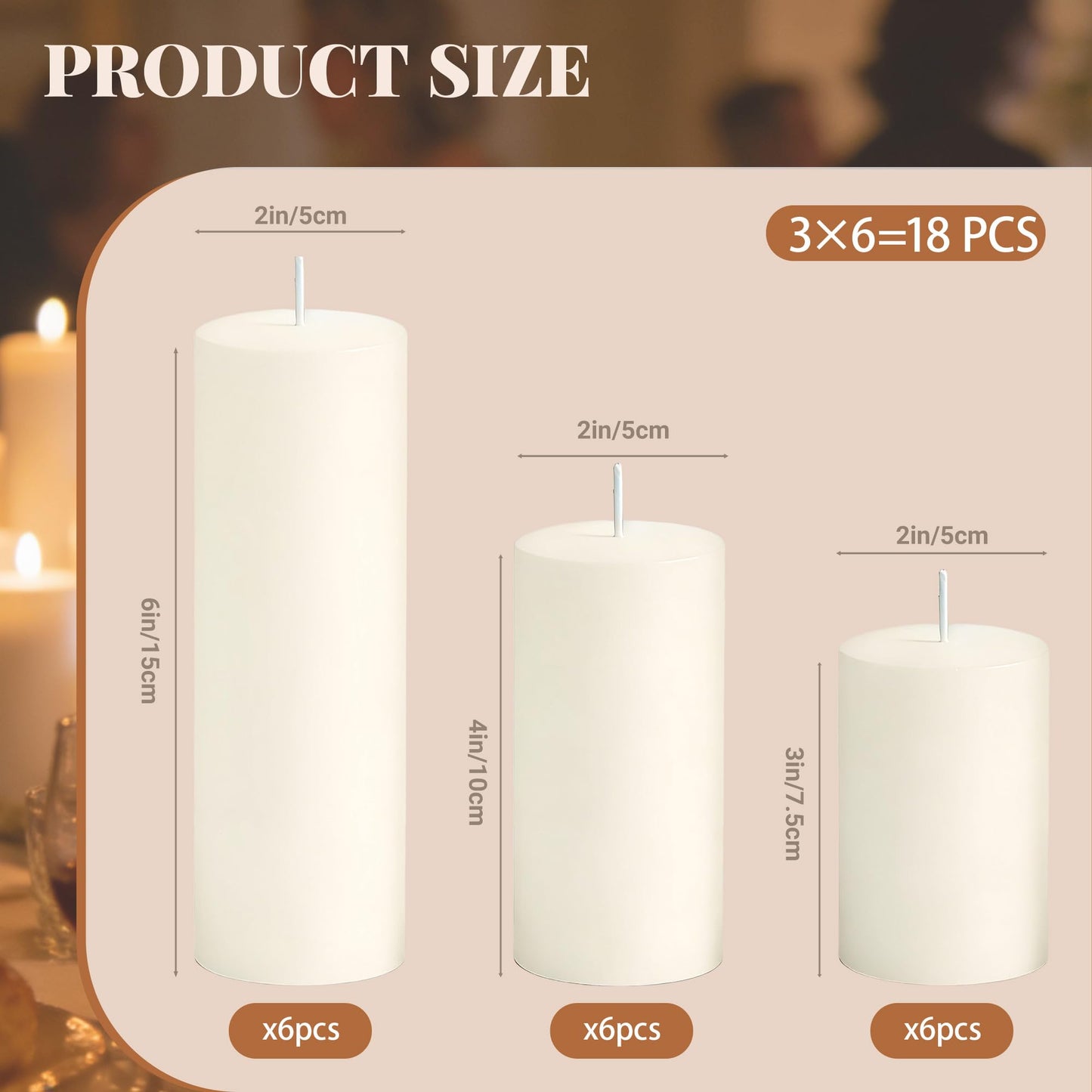SDBALLBZ 18 Pcs Ivory Pillar Candles Bulk Set, 2x3” 2x4” 2x6” Paraffin Hurricane Candles, Unscented Dripless Smokeless, Long Burning for Party Wedding Events Home Decor