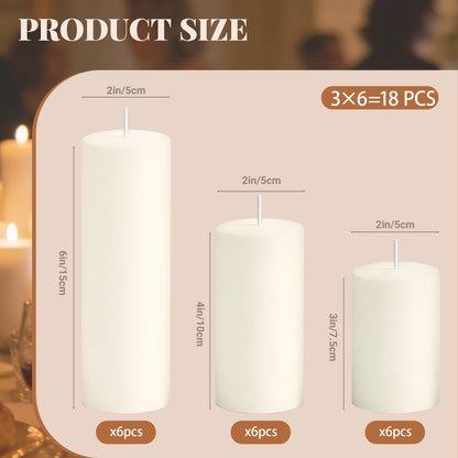 SDBALLBZ 18 Pcs Ivory Pillar Candles Bulk Set, 2x3” 2x4” 2x6” Paraffin Hurricane Candles, Unscented Dripless Smokeless, Long Burning for Party Wedding Events Home Decor