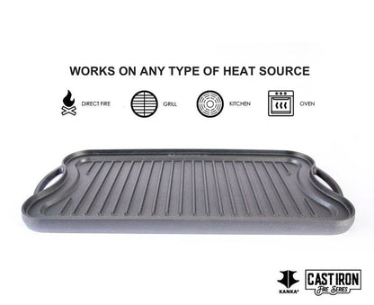 KANKA Grill Cast Iron Griddle - Extra Large Reversible Double-Sided Griddle for Gas Stove, BBQ Grill Plate, Flat Top Skillet for Stove Top, Outdoor Grill - 19.7in x 10.23in, Pre-Seasoned, Black