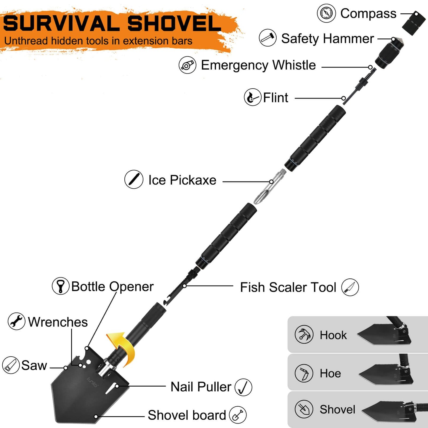 IUNIO Survival Off-Roading Tool Kit, 19 in 1 Folding Shovel, Camping Axe, Multitool, Pickaxe, with Carrying Bag, for Outdoor, Car Emergency (Upgrade Black)