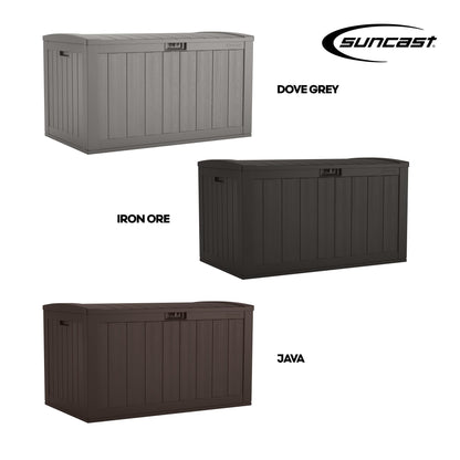 Suncast 134-Gal. Resin Extra-Large Outdoor Patio Deck Box with Pad-Lockable Lid, Modern Outdoor Patio Bench/Storage Box for Cushions, Garden Tools, and More, Dove Gray