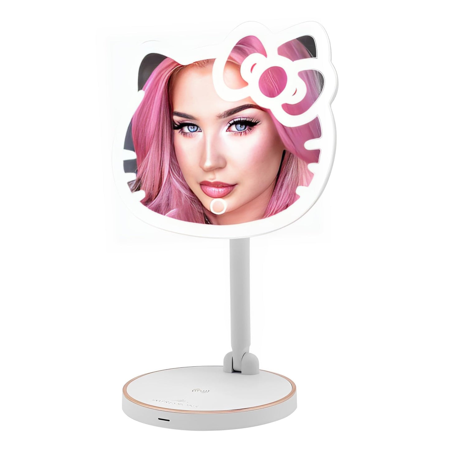 Impressions Vanity Hello Kitty Tabletop Mount LED Cordless Makeup Mirror with 360 Degree Rotation, Touch Sensor Desk Mirror with Light Strip and Adjustable Brightness
