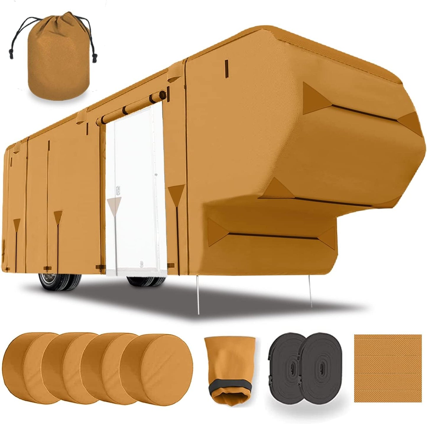 Lanceton 33-37 Ft Fifth Wheel 5th Wheel RV Trailer Cover Package Premium Heavy-Duty Waterproof Windproof Anti-UV Breathable Fabric Including 4 Tire Covers and 4 Sharp Edge Covers 2 Secure Straps