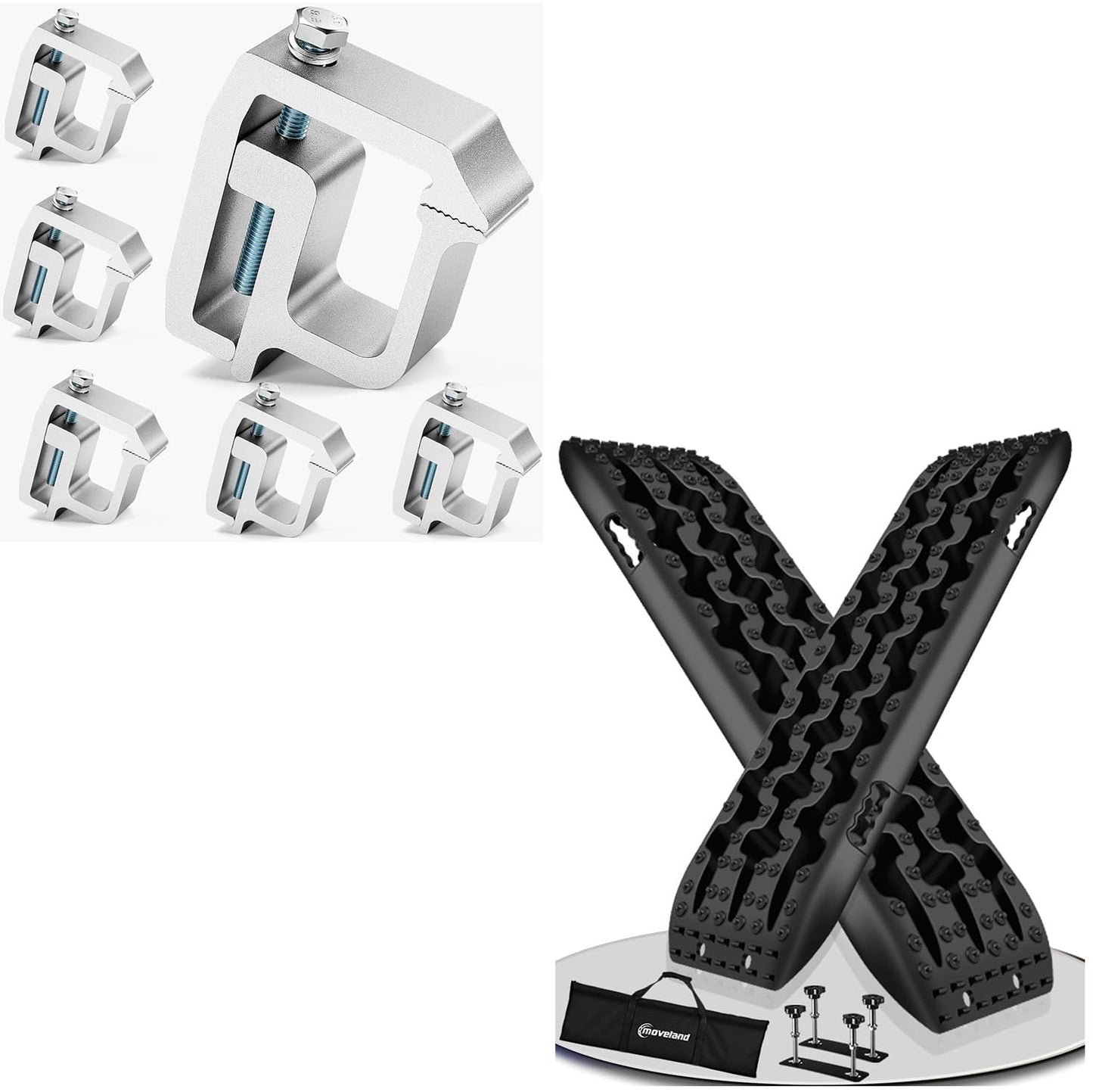 Extra Long Traction Boards+Truck Cap Clamps 6 Pack, Heavy Duty No Drill Camper Shell Mount, Anti-Loose Truck Bed Rail Clamps Fit F150 F250 Ram Silverado Tundra Titan, Secure & No Damage Installation