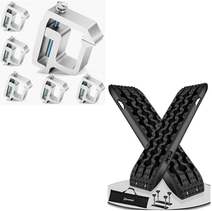 Extra Long Traction Boards+Truck Cap Clamps 6 Pack, Heavy Duty No Drill Camper Shell Mount, Anti-Loose Truck Bed Rail Clamps Fit F150 F250 Ram Silverado Tundra Titan, Secure & No Damage Installation