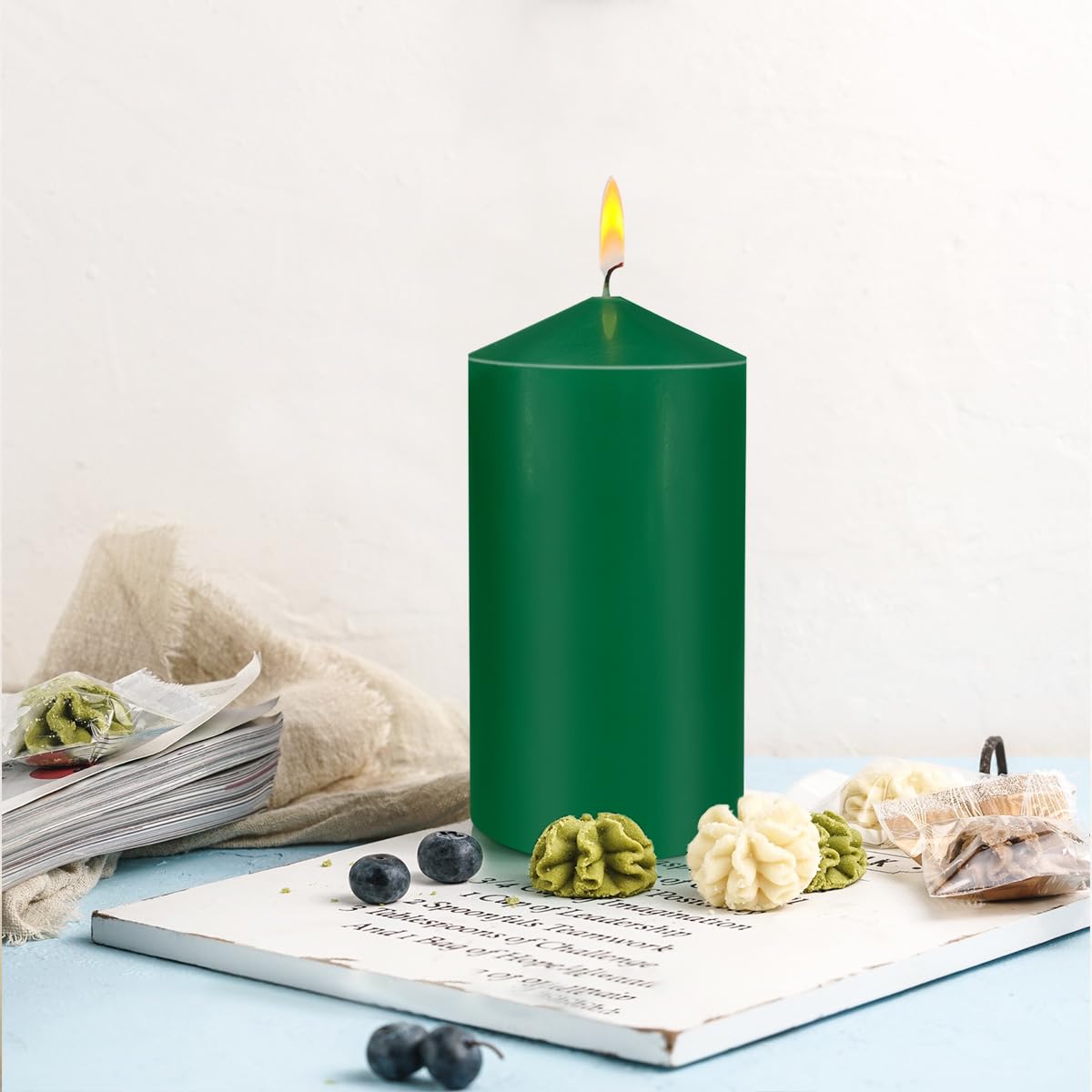 Pillar Candles 3 x 4, 6, and 8 inches, Large Handmade Candles Set of 3, Green Decorative Candles for Wedding, Home Decoration, Dinner, Church